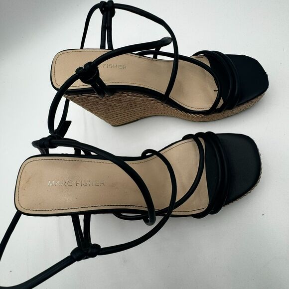 MARC FISHER | Women's 8 Strappy Black Boho Vegan Woven Wedge Zarah Sandals - Picture 4 of 10